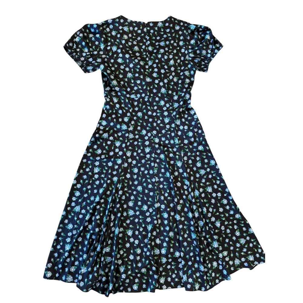 Betsey Johnson Black Blue Floral V-Neck Puff Sleeve Midi Dress Size‎ 6 - Picture 3 of 6